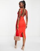 Asos Design Button Back Midi Dress In Hot Red-green