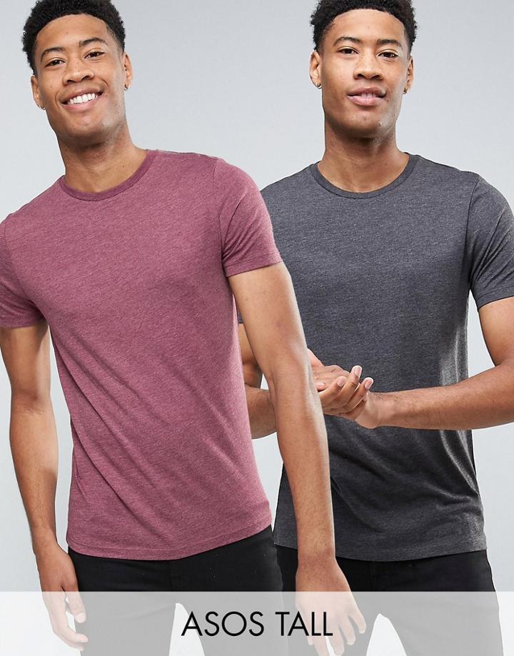 Asos Tall 2 Pack T-shirt In Black Marl/brown Marl With Crew Neck Save