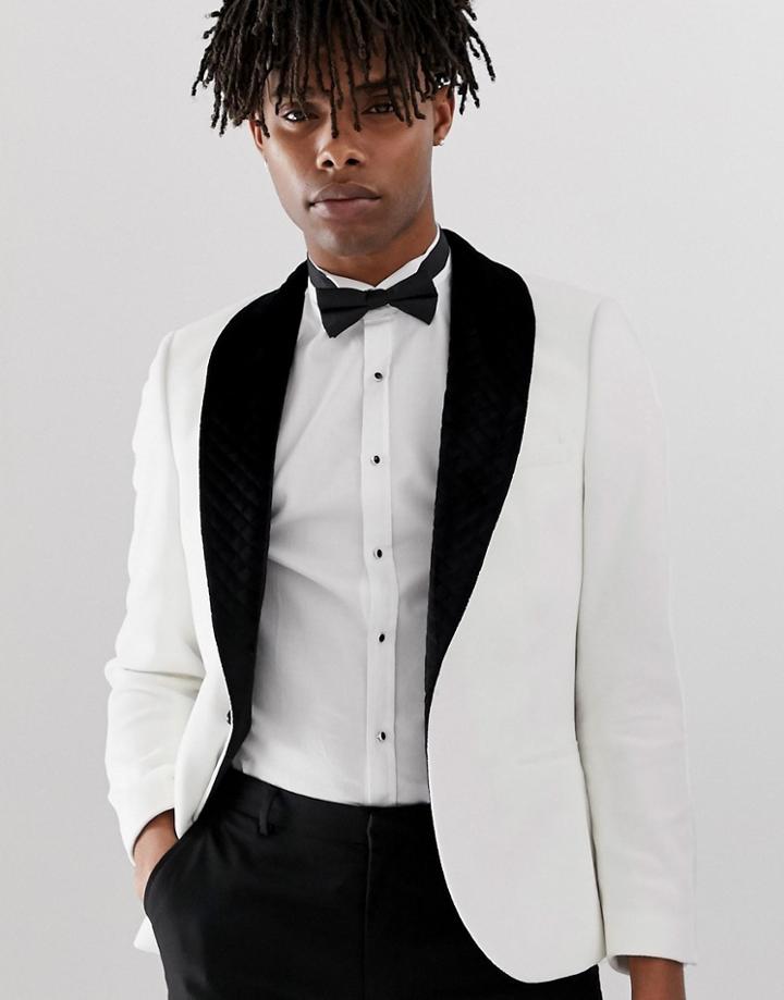 Twisted Tailor Blazer In White Velvet With Wide Lapel - White