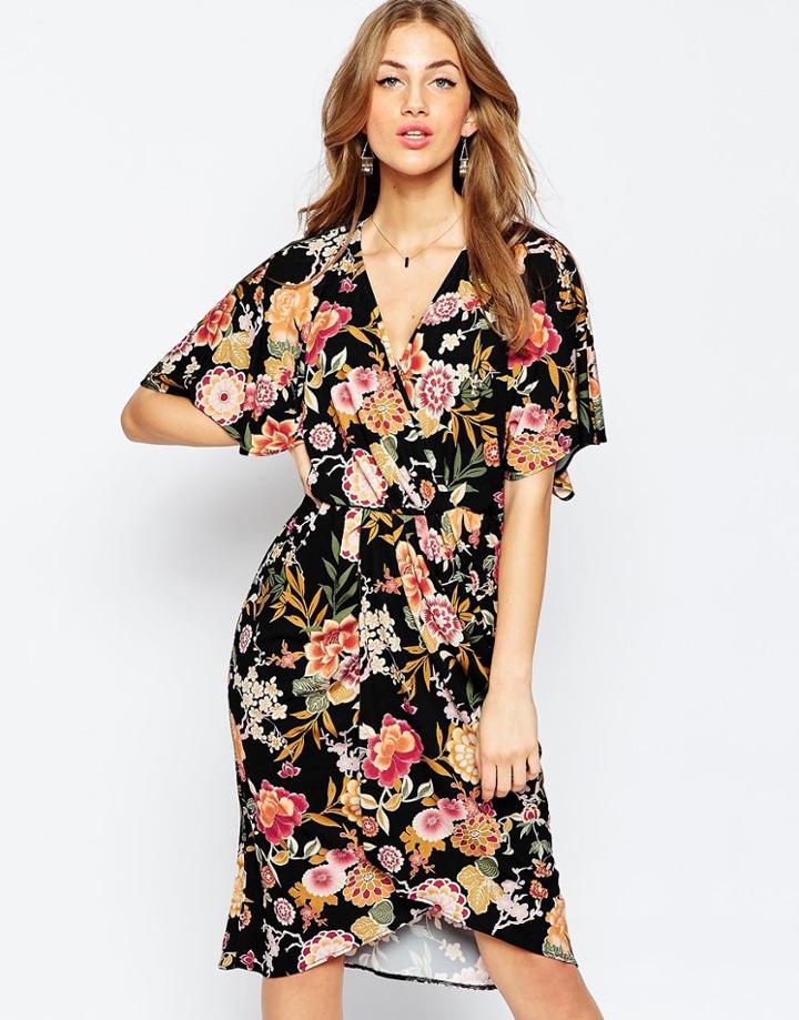 Asos Kimono Slinky Midi Dress - Print