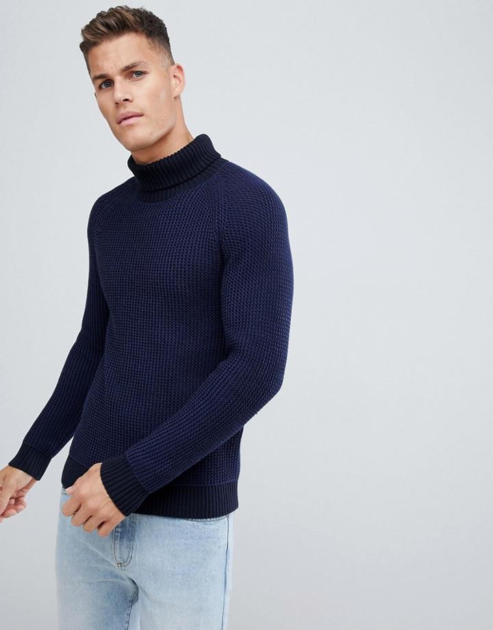 Selected Homme Knitted Roll Neck Sweater In Mixed Blue Knit - Navy