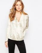 See U Soon Wrap Front Blouse In Distressed Houndstooth Print - Beige
