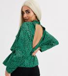Asos Design Petite Batwing Sleeve Satin Top With Open Back In Green Animal Print-multi