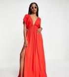 Asos Design Tall Recycled Flutter Sleeve Maxi Beach Dress In Red