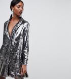 Asos Design Tall Sequin Tux Dress With Pleat Detail-silver