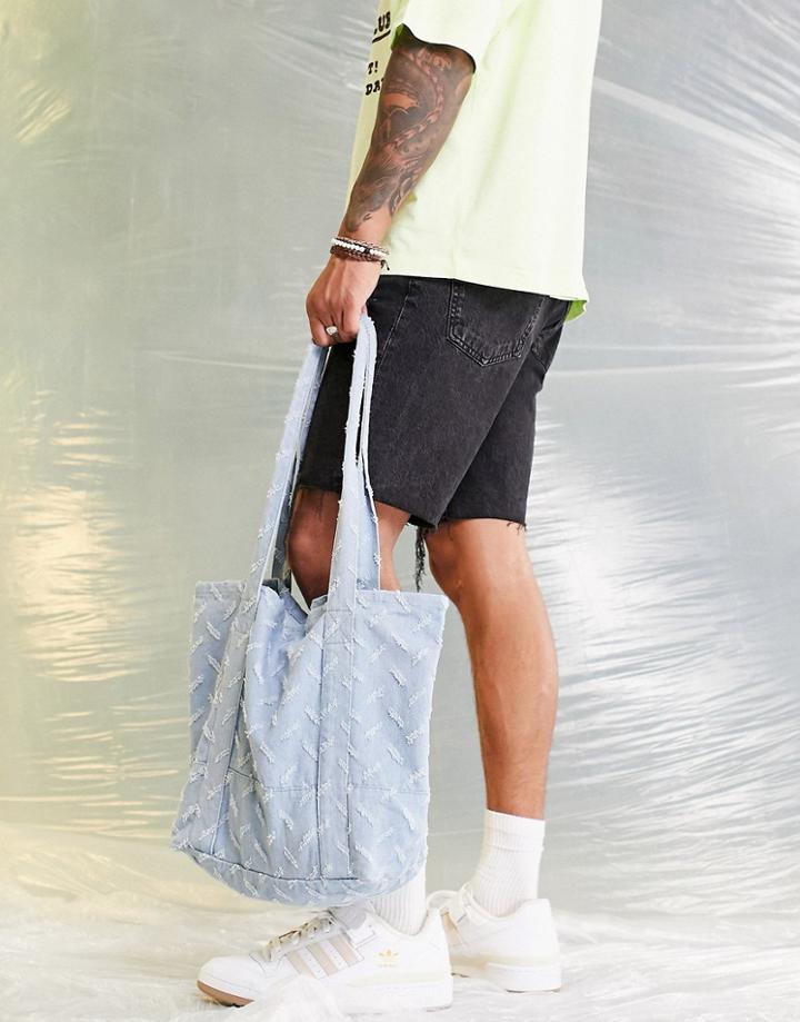 Asos Design Oversized Tote Bag In Lightwash Textured Denim-blue