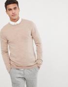 Asos Design Muscle Fit Merino Wool Sweater In Oatmeal - Beige