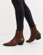 Asos Design Stacked Heel Western Chelsea Boots In Brown Leather
