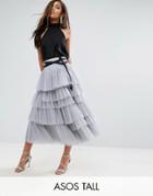 Asos Tall Tulle Midi Prom Skirt With Tiers And Tie Waist - Gray