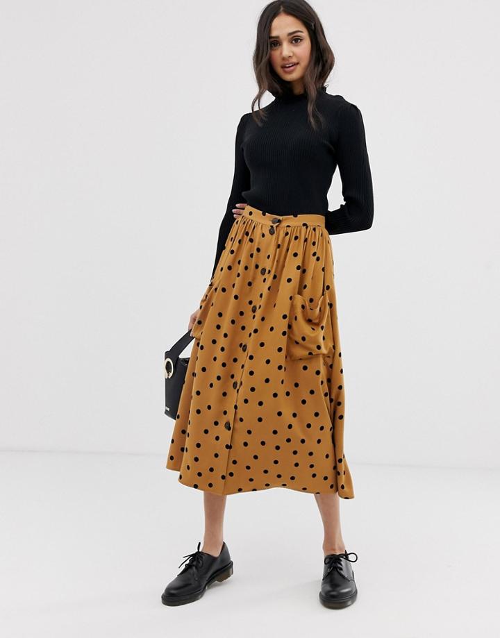Asos Design Button Front Midi Skirt In Polka Dot - Multi