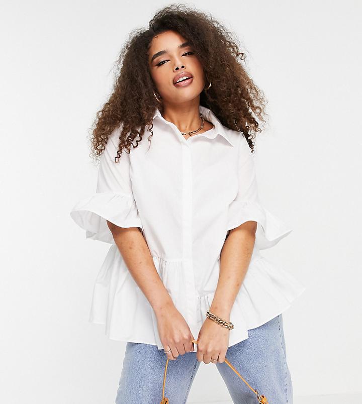 Asos Design Curve Cotton Shirt With Asymmetric Frill Hem In Ivory-black