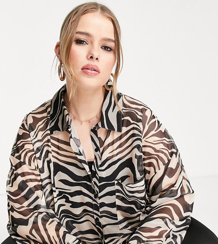 Asos Design Curve Oversized Mesh Shirt In Animal - Multi
