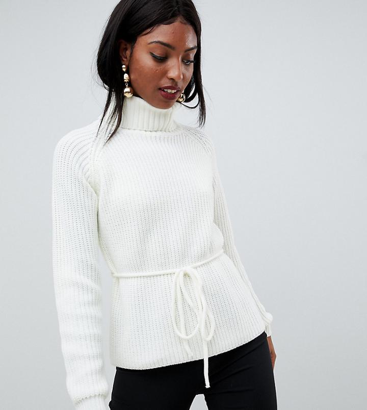 Fashion Union Tall Roll Neck Sweater With Waist Tie - Cream