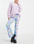 Topshop Blurred Floral Flared Pants In Blue - Part Of A Set