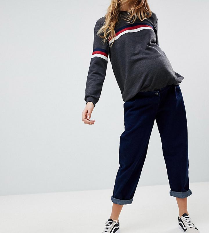 Asos Design Maternity Tapered Boyfriend Jeans With Curved Seams In Indigo Wash With Over The Bump Waistband-blue