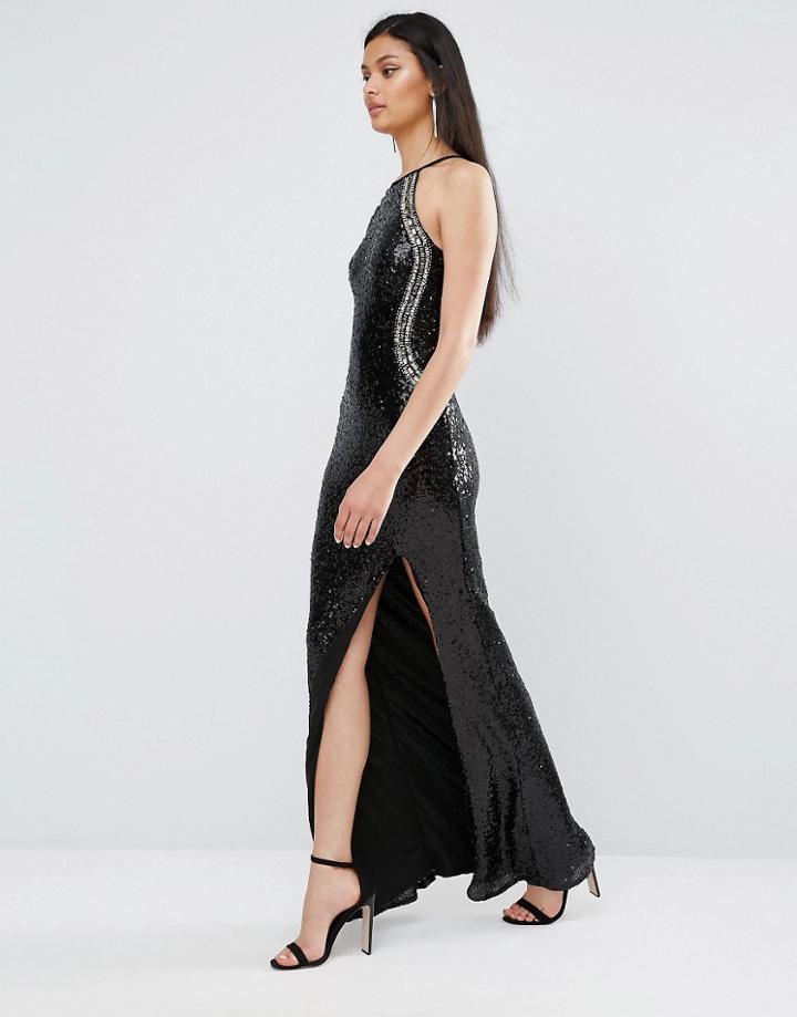 Tfnc Sequin High Neck Maxi Dress With Split - Black