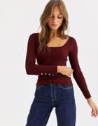 Asos Design Fine Rib Sweater With Square Neck And Button Cuff Detail-red