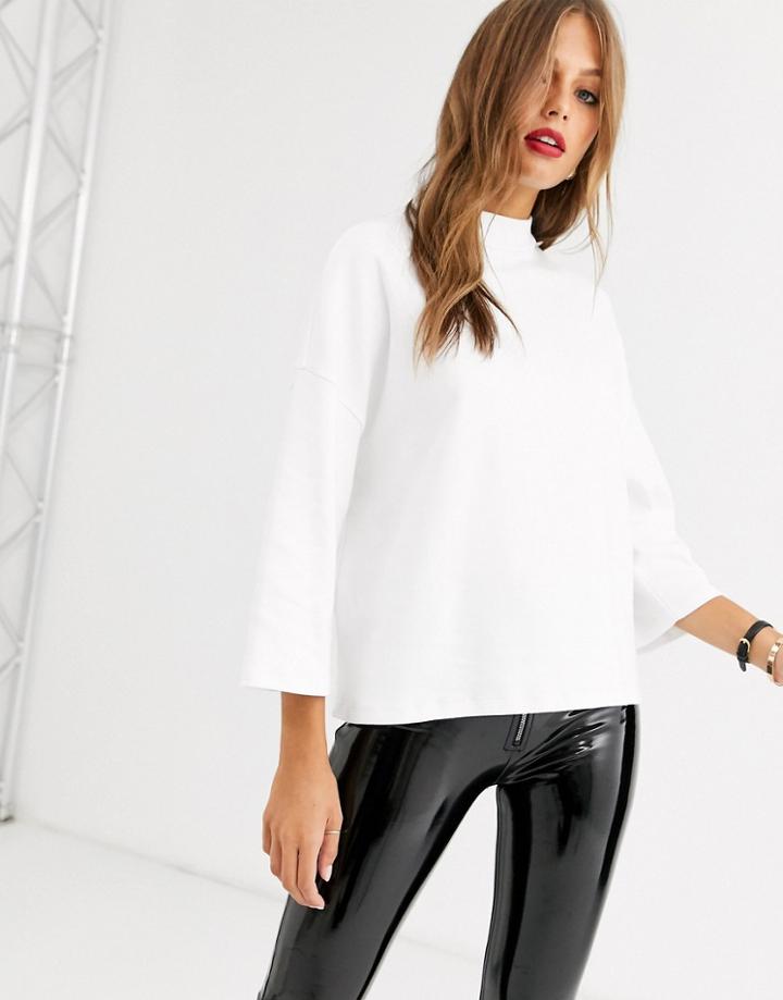 Asos Design Funnel Neck Oversized 3/4 Sleeve Top In White