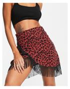 Trendyol Wrap Front Mini Skirt In Animal With Fringing-multi