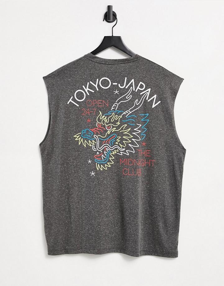 Asos Design Oversized Tank In Gray Linen Look With Dragon Back Print-black