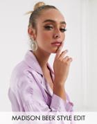 Asos Design Earrings With Baguette Crystal Open Circle Drop In Silver Tone