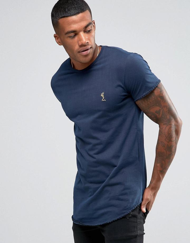 Religion T-shirt With Curved Hem And Blanket Stitch Detail - Navy