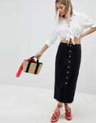 Asos Design Denim Midi Skirt With Buttons In Black