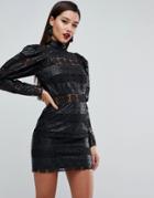 Asos Edition Embossed Pu And Lace Cocktail Mini Dress - Black