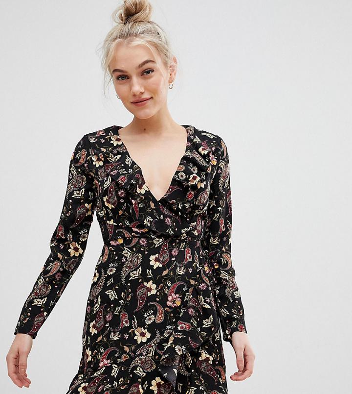 Parisian Petite Floral Wrap Dress With Frill-multi