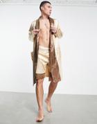 Asos Design Satin Dressing Gown With Border Detail-brown