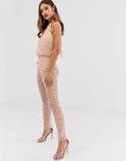 Asos Design Embellished Mesh Halter Jumpsuit-pink
