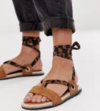 Miss Selfridge Flat Sandals With Leopard Ankle Ties In Tan - Multi