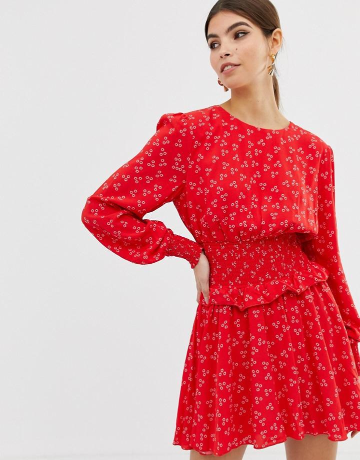 Finders Keepers Long Sleeve Flippy Dress In Ditsy Print - Red