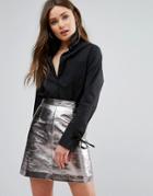 New Look Button Down Tie Sleeve Shirt - Black
