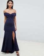 Jarlo Pleated Off Shoulder Bardot Maxi Dress In Navy