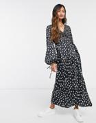 Asos Design Ruched Front Bias Midi Tea Dress With Balloon Sleeve In Star Print-multi