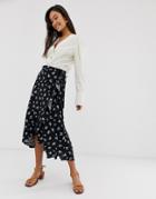 New Look Ruffle Wrap Midi Skirt In Dark Floral Print-black