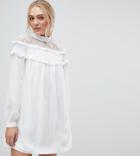 Fashion Union Tall High Neck Dress With Lace Contrast And Ruffle Detail - White