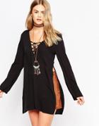 Asos 70s Lace Front Longline Tunic Top - Black