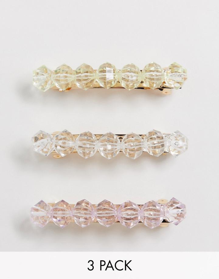Asos Design Pack Of 3 Hair Clips With Plastic Gem Beads-gold