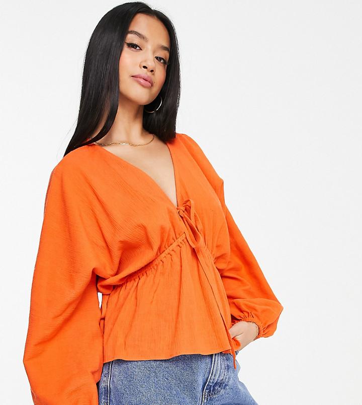 Asos Design Petite Natural Crinkle Top With Side Ties In Orange-multi