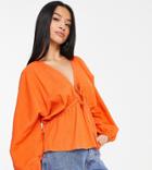 Asos Design Petite Natural Crinkle Top With Side Ties In Orange-multi
