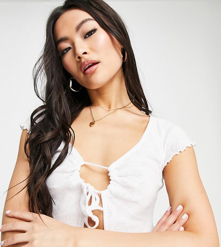 Asyou Pointelle Tie Front Crop Top In White