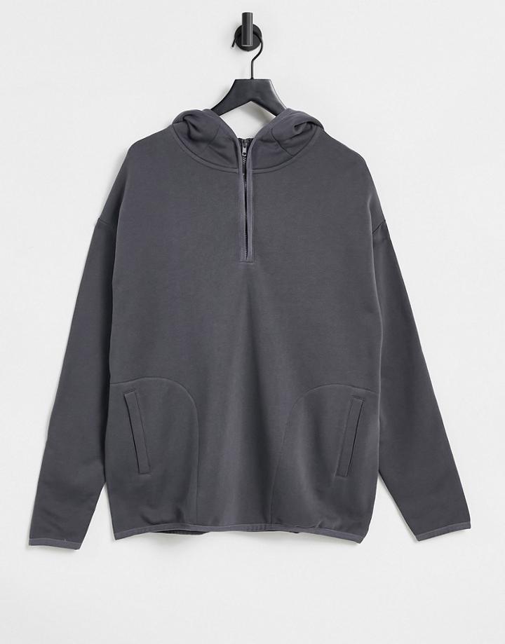 Asos Design Hoodie With Half Zip And Side Slits In Washed Black-grey