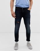 Asos Design Skinny Jeans In Blue Black With Abrasions - Blue