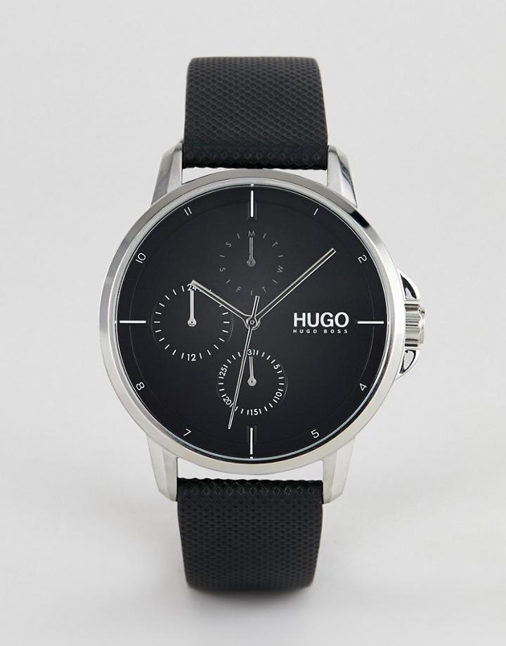 Hugo 1530022 Focus Black Dial Leather Strap Watch In Black