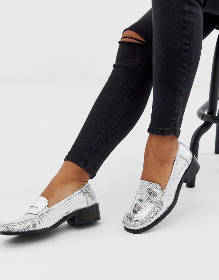Asos Design Marley 90's Leather Flat Loafers In Silver