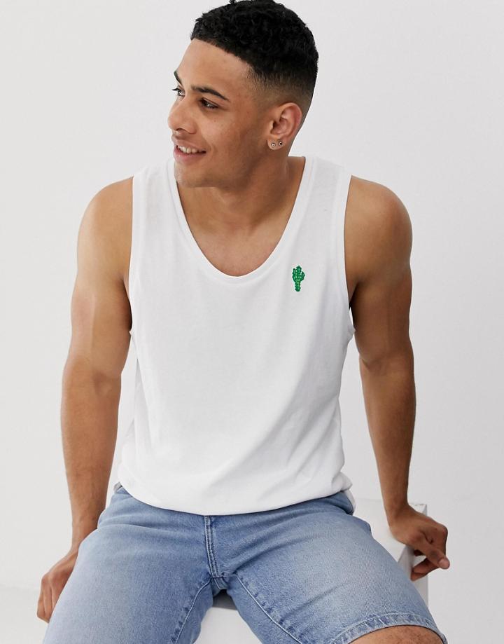 Threadbare Cactus Embroidery Tank-white