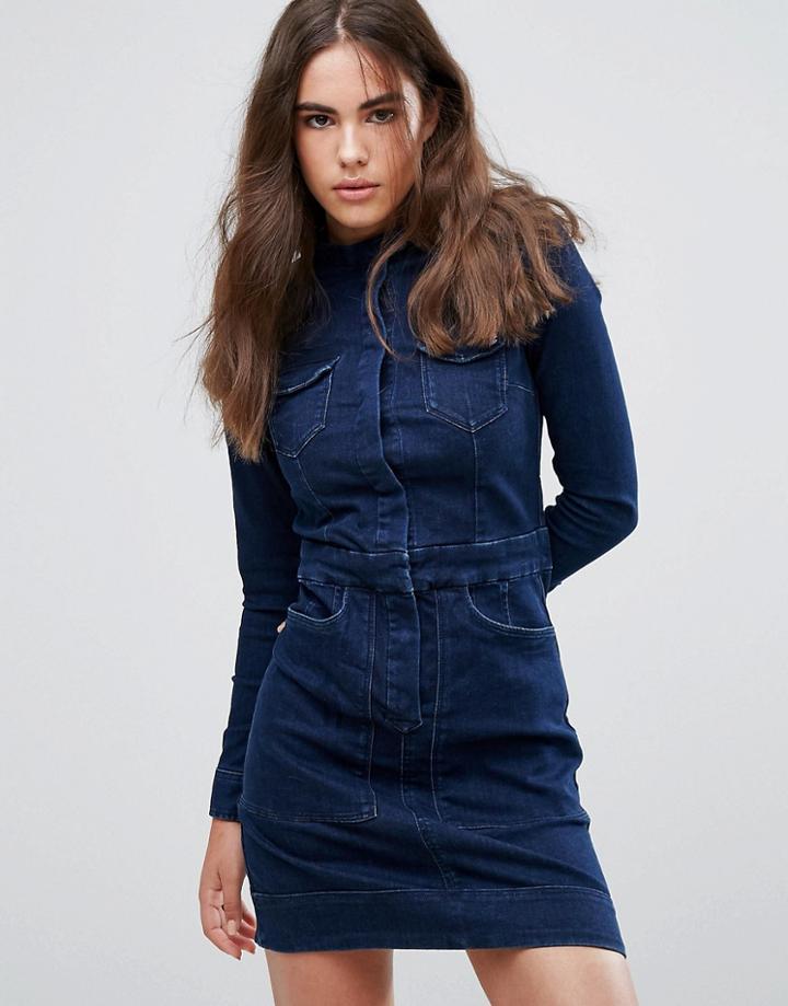 Pepe Jeans Hoops Collarless Denim Shirt Dress - Blue