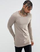 Asos Muscle Scoop Neck Long Sleeve T-shirt In Brown - Brown